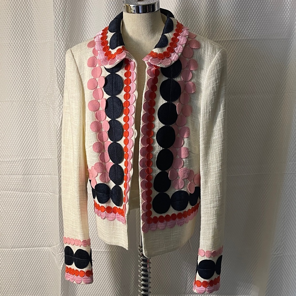 Maison Common Cream Embroidered Circle-Trim Blazer Pink & Navy Accents size 40